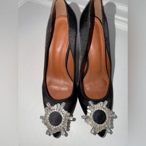 LIKE Amina Muaddi Black Satin Embellished Begum size 37 pumps